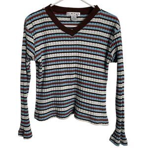 Vtg Y2K Simply One Step Up Womens Long Sleeve L Ribbed Blue Brown Raglan V Neck